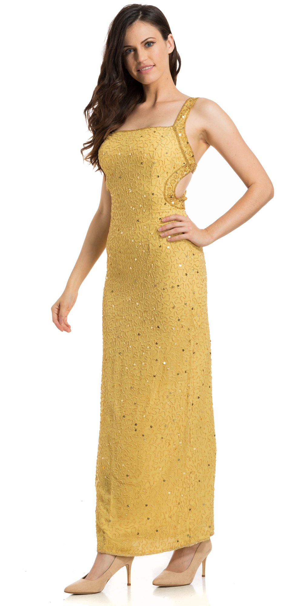 Criss Cross Back Sequin Beaded Pageant Evening Gown — in an alternative image