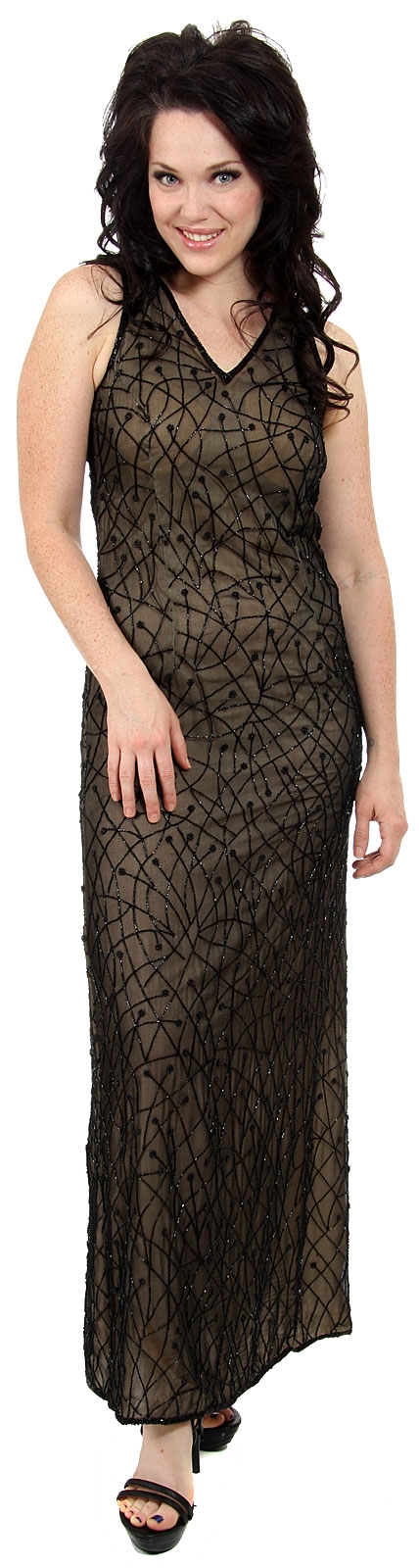 V-Neck Hand Beaded Sequin Evening Dress