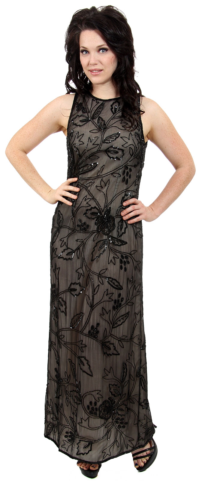 Floral Black Beaded Silk Formal Dress — in Black/Nude