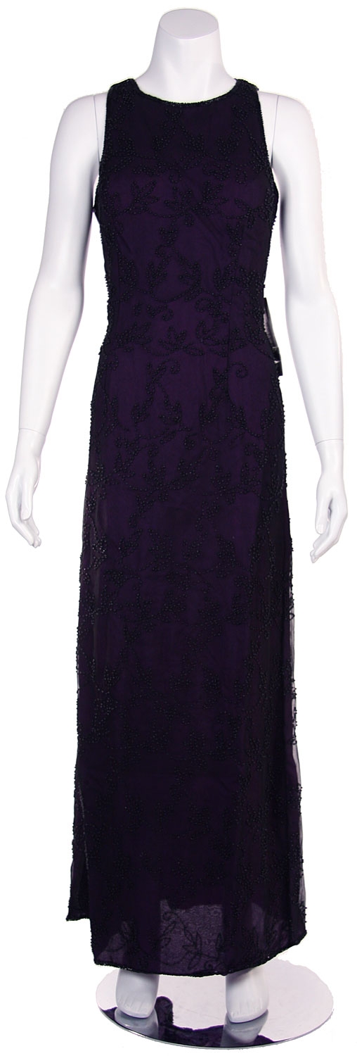 A-Line Long Cocktail Dress with Floral Beaded Pattern — in Black/Purple