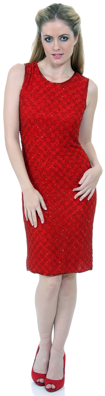 Miniature Floral Beaded Sleeveless Cocktail Dress — in Red
