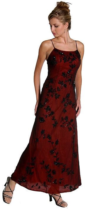 Spaghetti Strapped Floral Beaded Dress