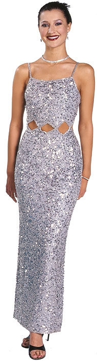 Spaghetti Straps Sequined Long Dress with Keyhole Waist — in Silver