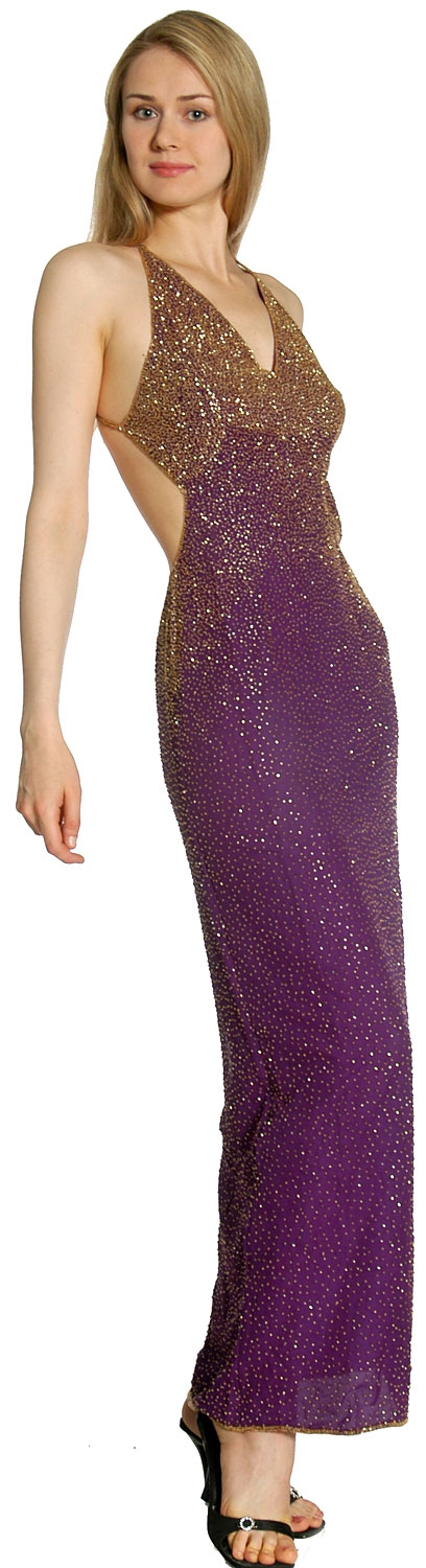 Backless  Beaded Formal Dress — in Purple/Gold