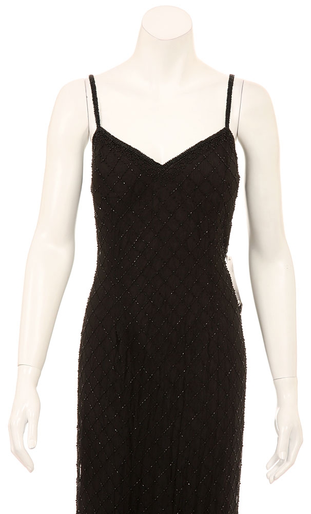Full Length Spaghetti Strap Formal Dress — in closeup