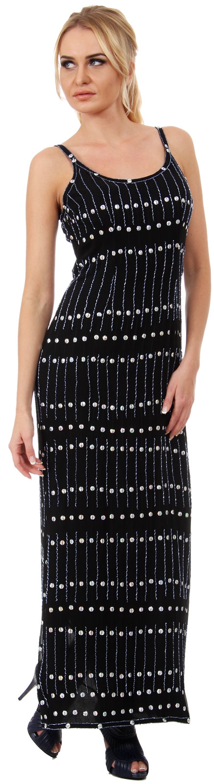 Geometric Beaded Pattern U-Neck Long Formal Dress