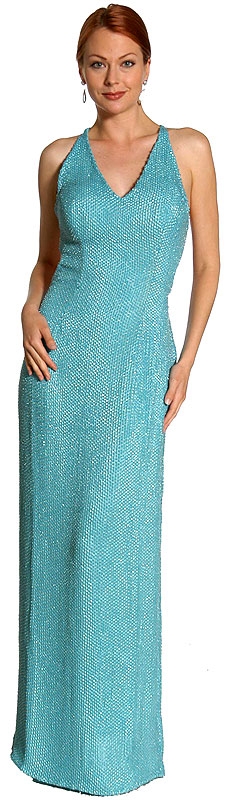 Sequined Formal Dress with Open back & criss-cross straps — in Aqua