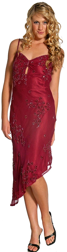 Asymmetric Beaded Formal Dress  — in Burgundy