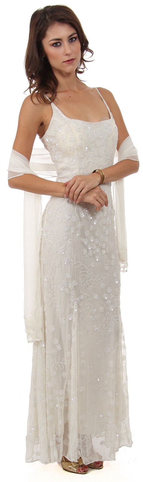 U-Neck Silk Chiffon Gown with Miniature Flowers Beading — in alternative view