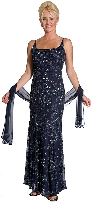 U-Neck Silk Chiffon Gown with Miniature Flowers Beading — in Navy
