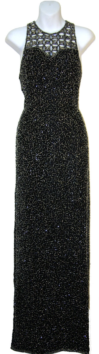 Sleeveless Formal Evening Dress with Exquisite Mesh design — in Black/Silver