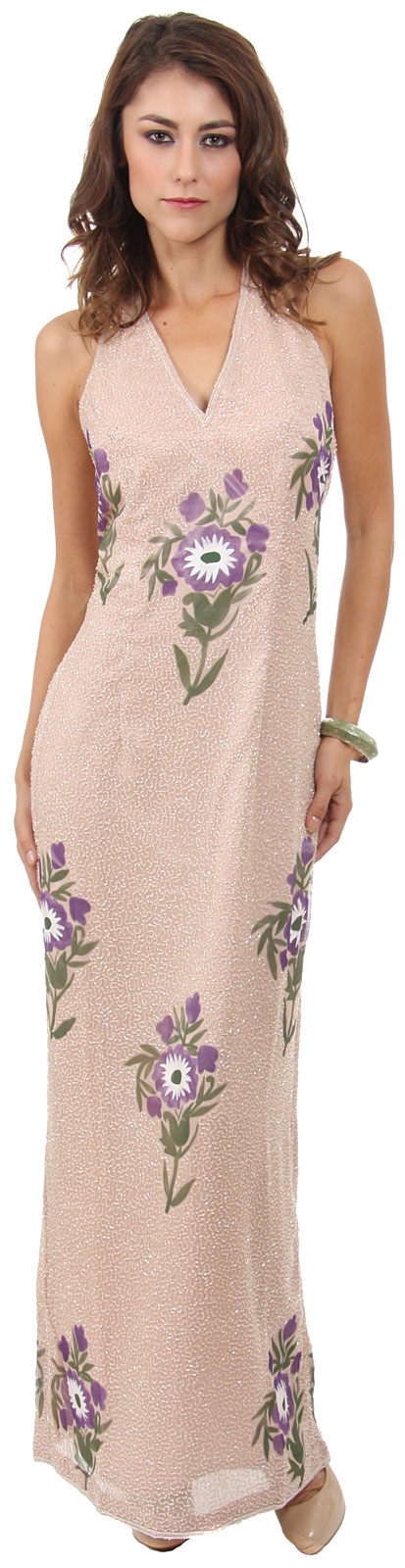 Halter Neck Long Formal Cocktail Dress with Painted Flowers