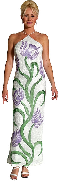 Halter Neck Beaded Formal Gown with Painted Flowers