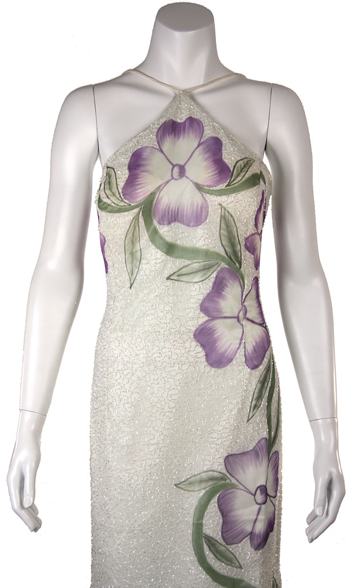 Halter Neck Formal Dress with Painted Floral pattern — in closeup