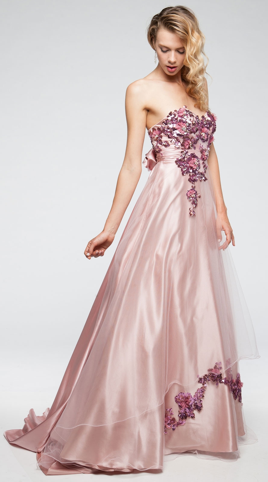 Strapless Floral Pattern Satin & Mesh Prom Ball Gown — in alternative picture