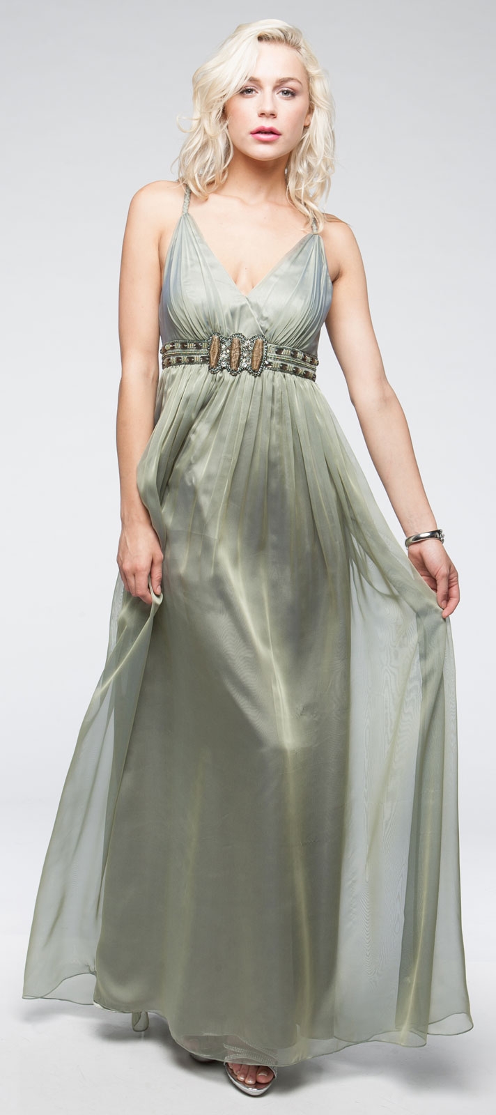 Deep V-Neck Braided Straps Long Formal Prom Dress — in Olive Green
