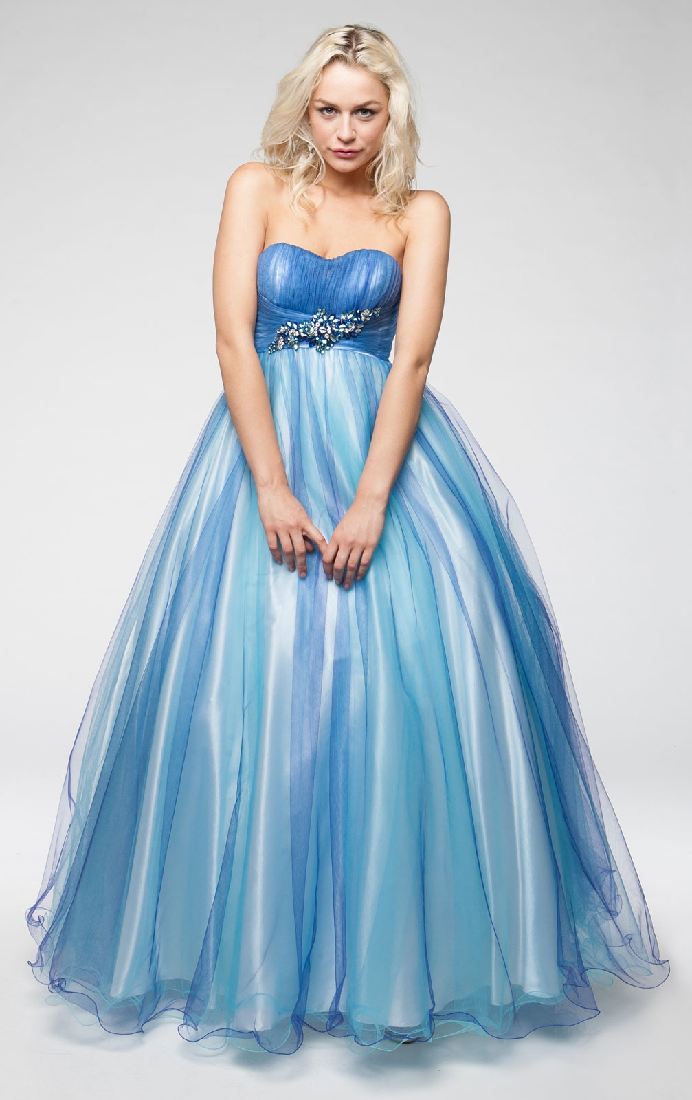 Strapless Mesh Puffy Formal Prom Gown with Beaded Waist