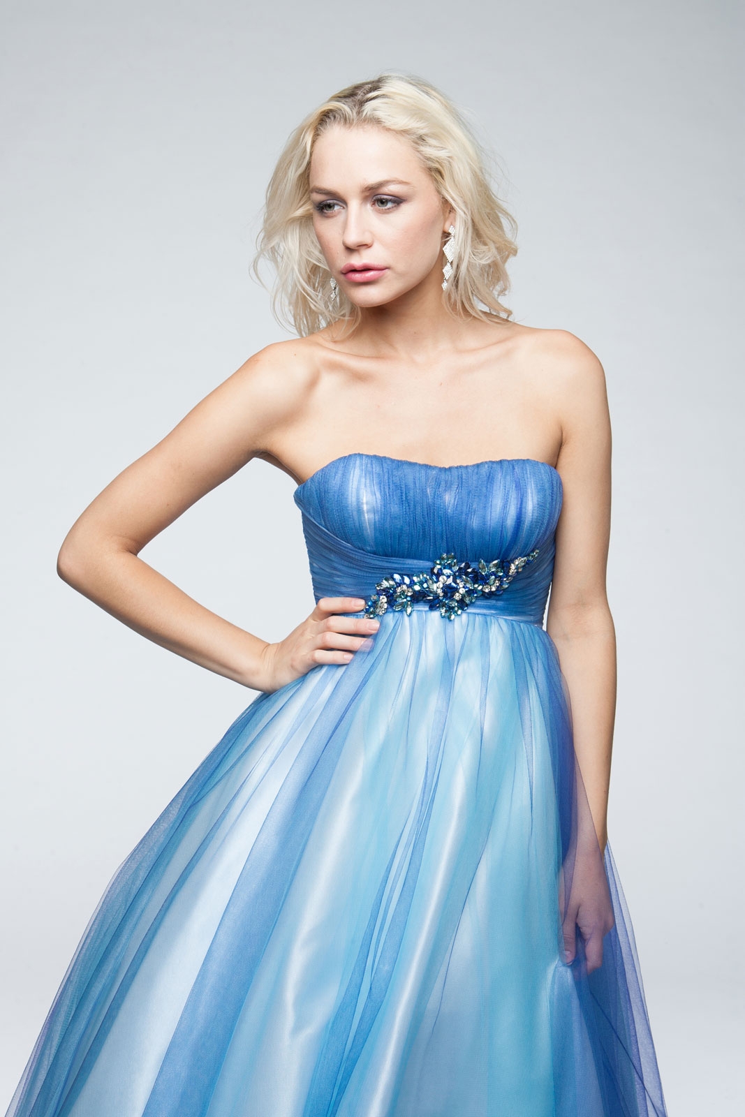 Strapless Mesh Puffy Formal Prom Gown with Beaded Waist — in alternative picture