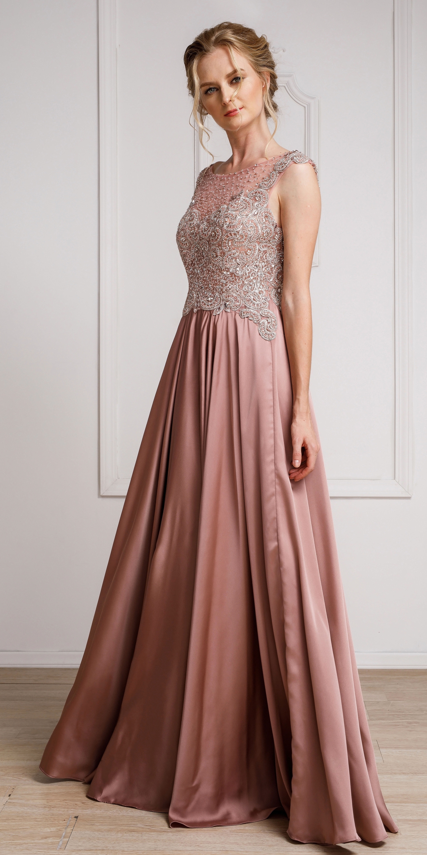 Embellished Sheer Top Long Prom Pageant Satin Dress