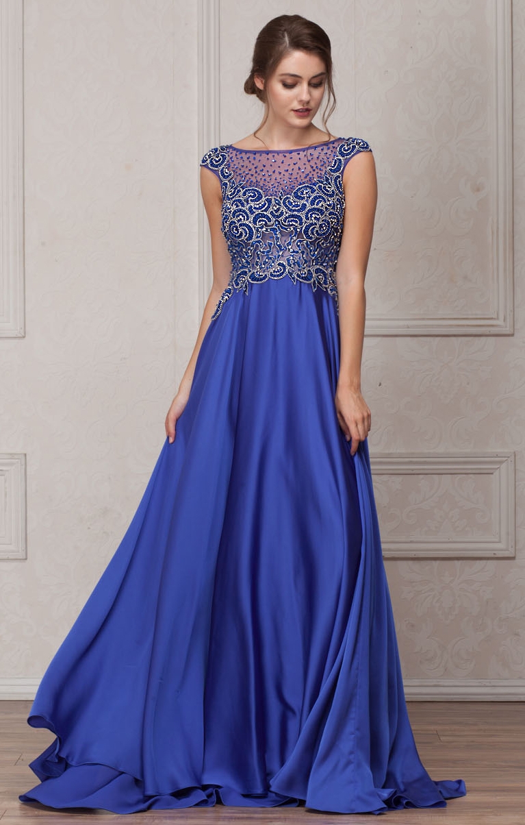 Embellished Sheer Top Long Prom Pageant Satin Dress — in Royal Blue