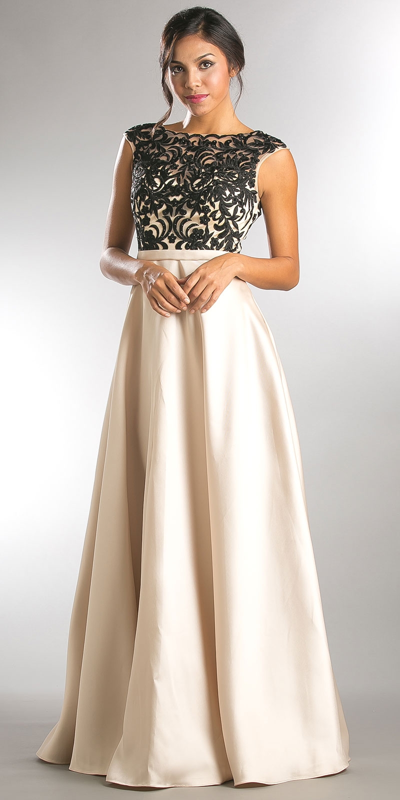 Boat Neck Mesh Embroidered Top Long Formal Evening Dress