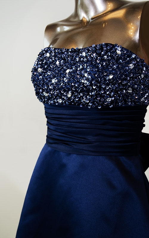 Bridal Satin Strapless Cocktail dress with beaded bodice  — in Navy