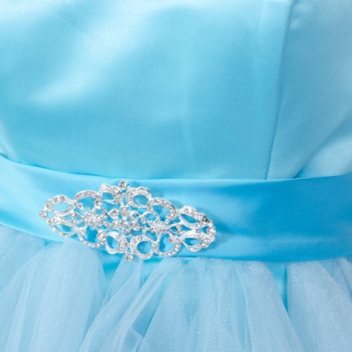 Strapless Satin Bust Party Dress with Shiny Mesh Skirt — in Aqua
