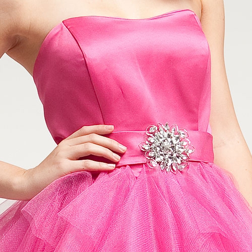 Strapless Satin Bust Party Dress with Shiny Mesh Skirt — in alternative picture