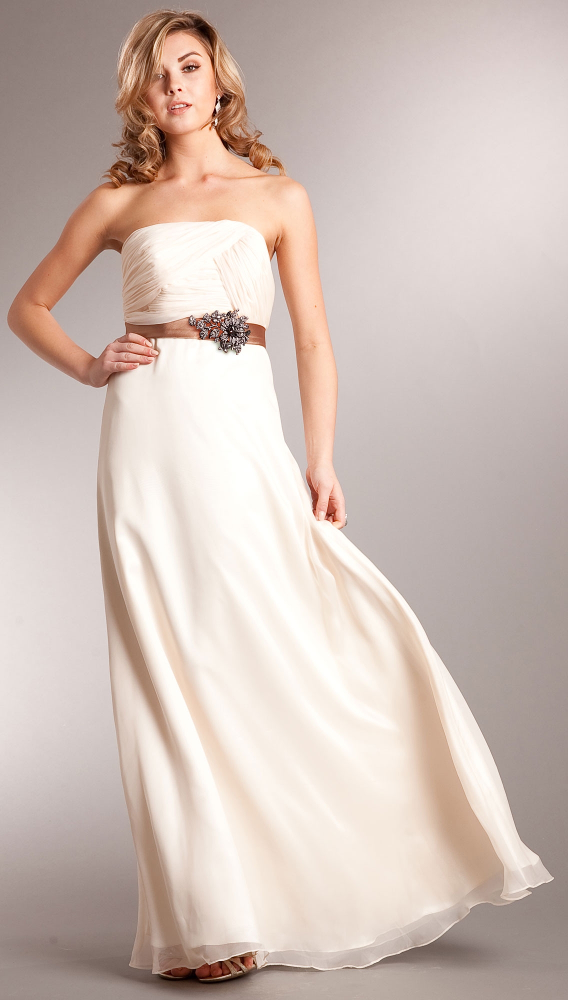 Strapless Long Formal Dress with Pleating & Belt — in Beige