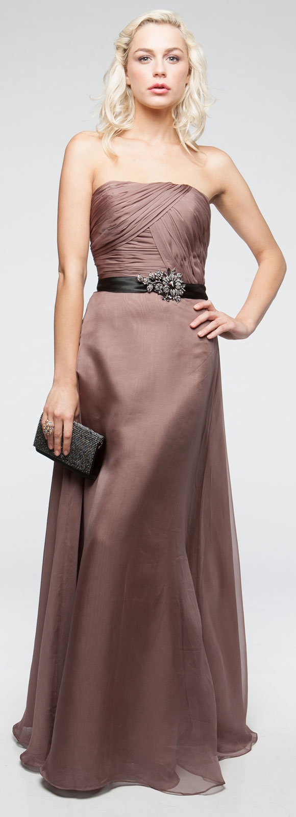 Strapless Long Formal Dress with Pleating & Belt — in alternative picture