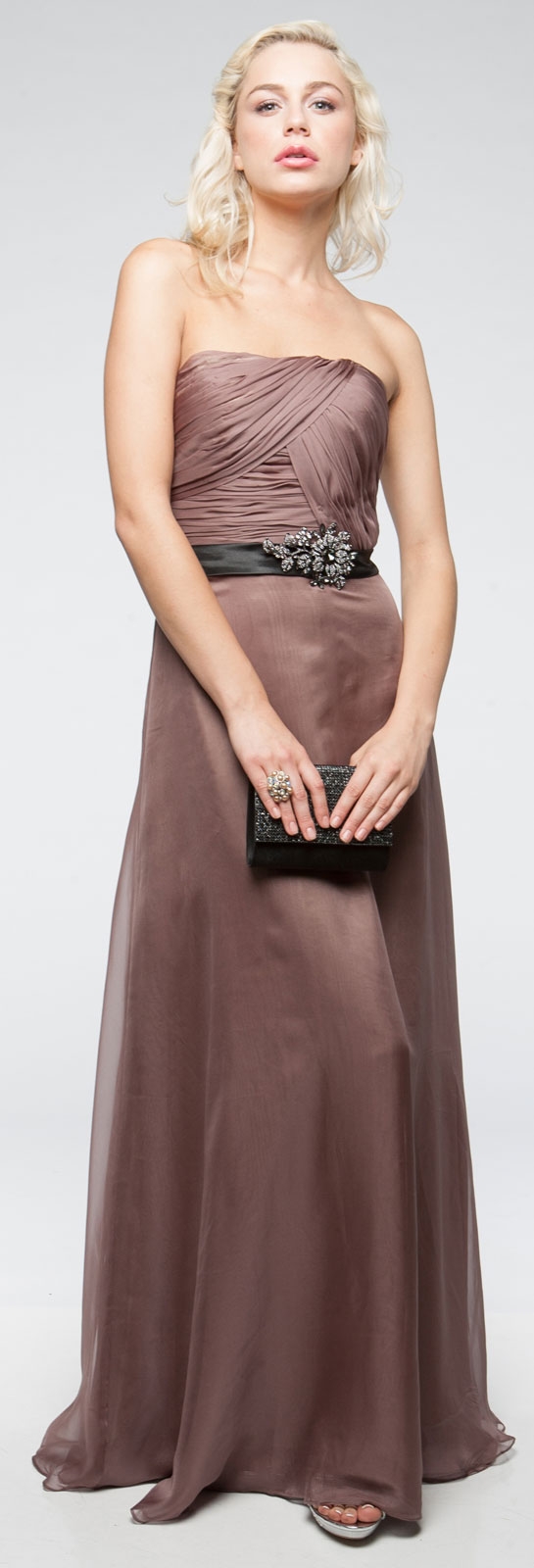 Strapless Long Formal Dress with Pleating & Belt — in alternative picture