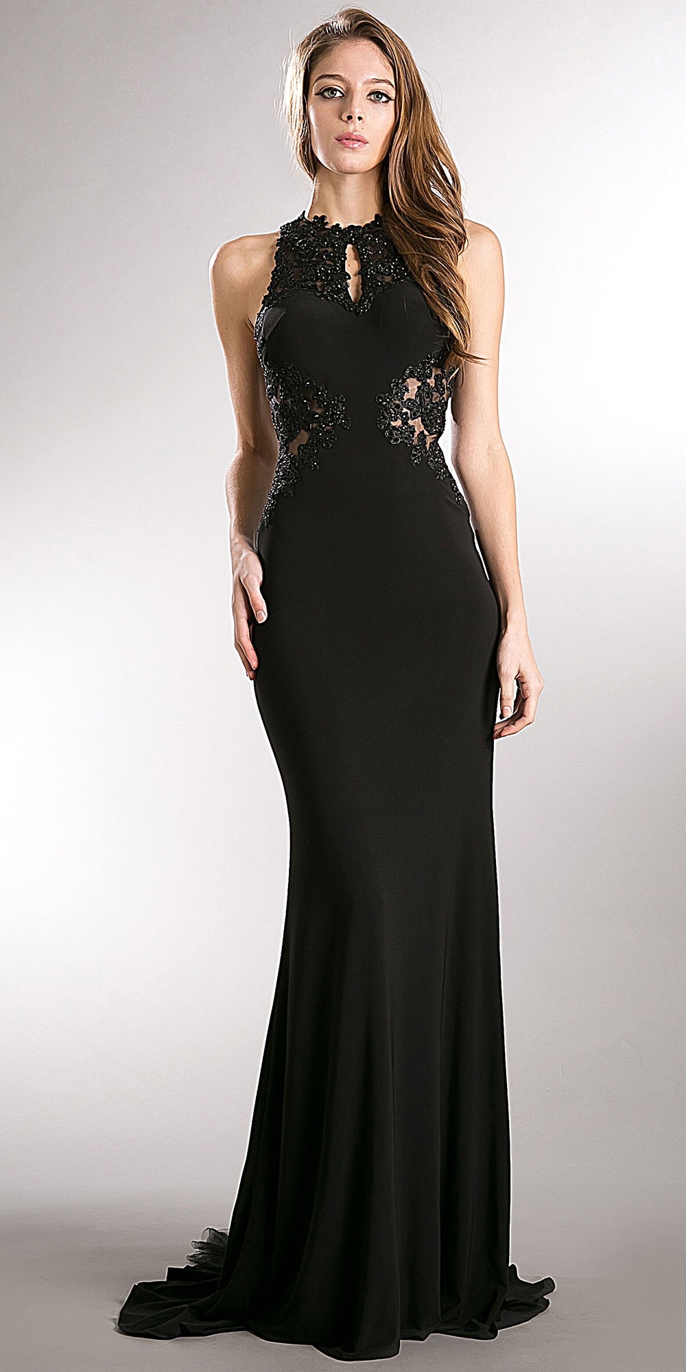 Beaded Lace & Mesh Bodice Long Prom Pageant Dress — in Black