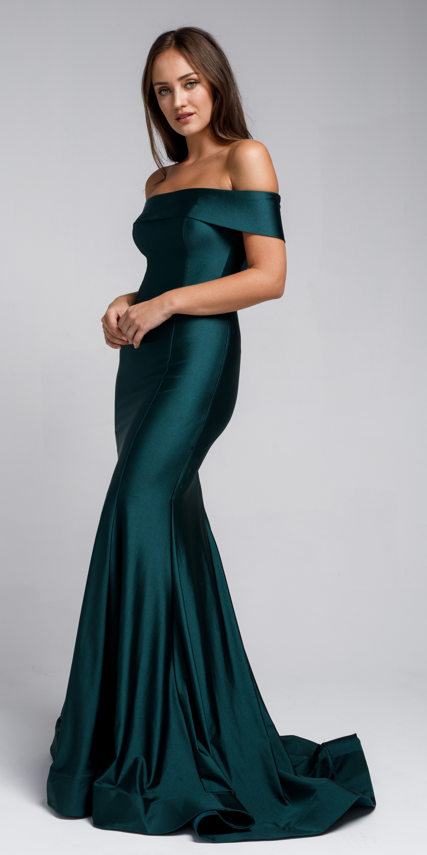 Off Shoulder Fitted Prom Gown — in Green