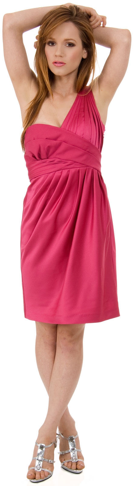 Bridal Satin One Shoulder Cocktail Dress — in Fuchsia