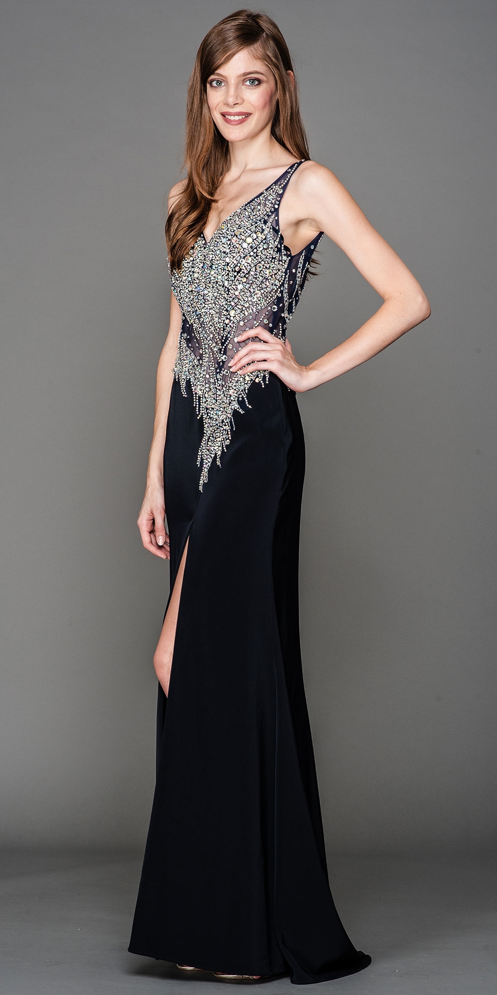 V-Neck Mesh Bejeweled Bodice Long Prom Pageant Dress