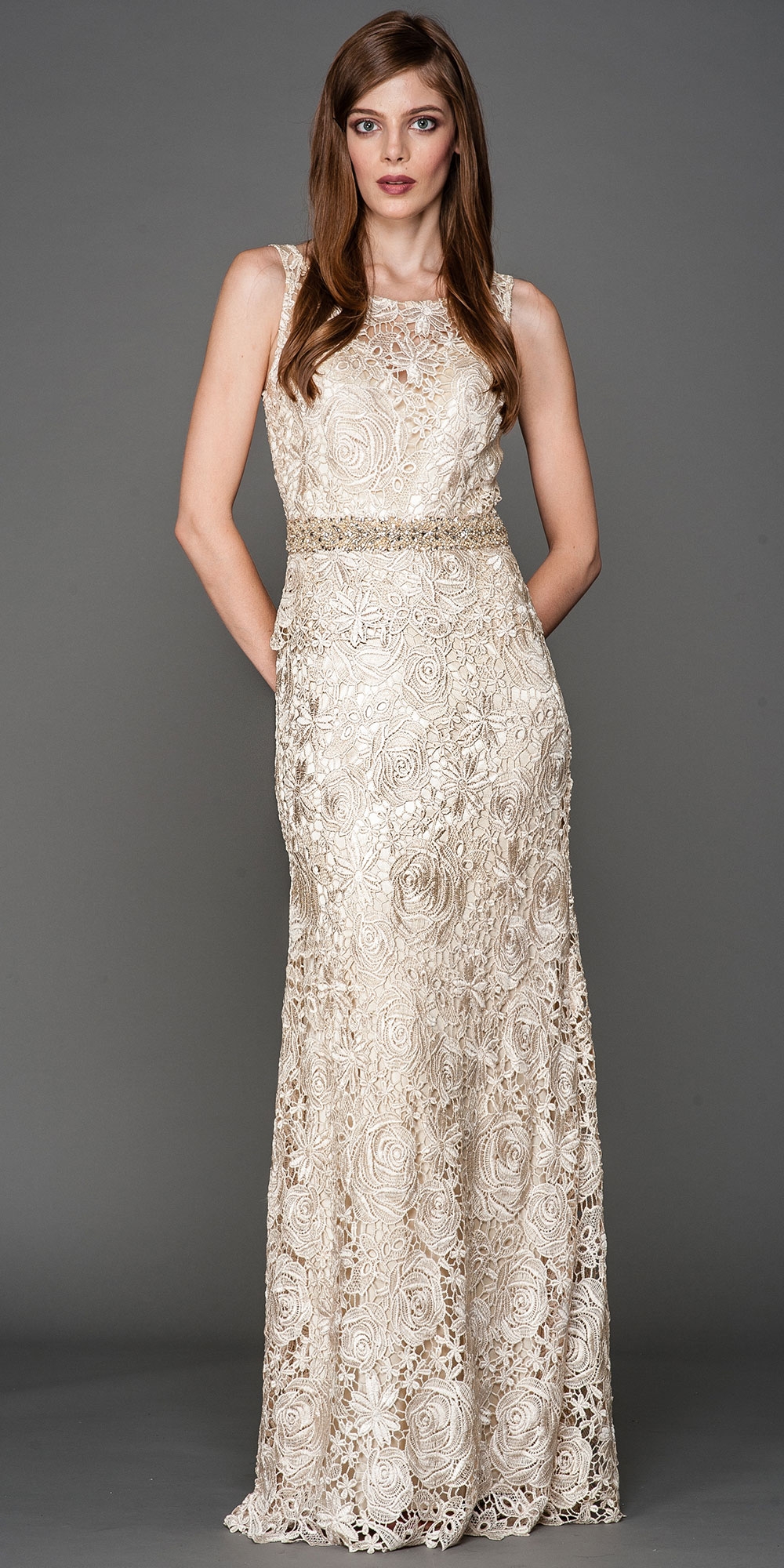 Boat Neck Shiny Rose Lace Long Formal Prom Dress
