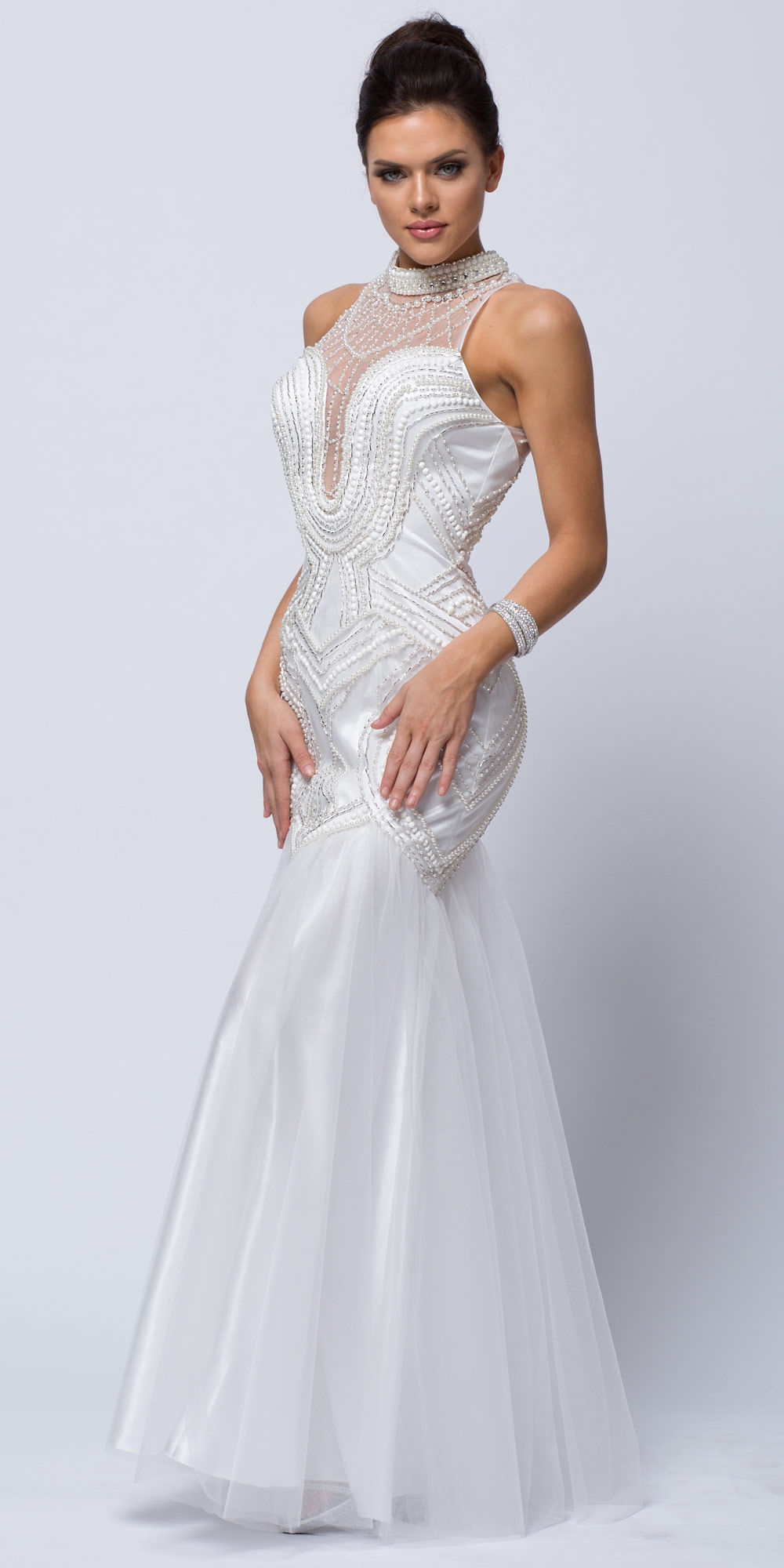 High Neck Beaded Bodice Mermaid Style Mesh Long Prom Dress — in Off White