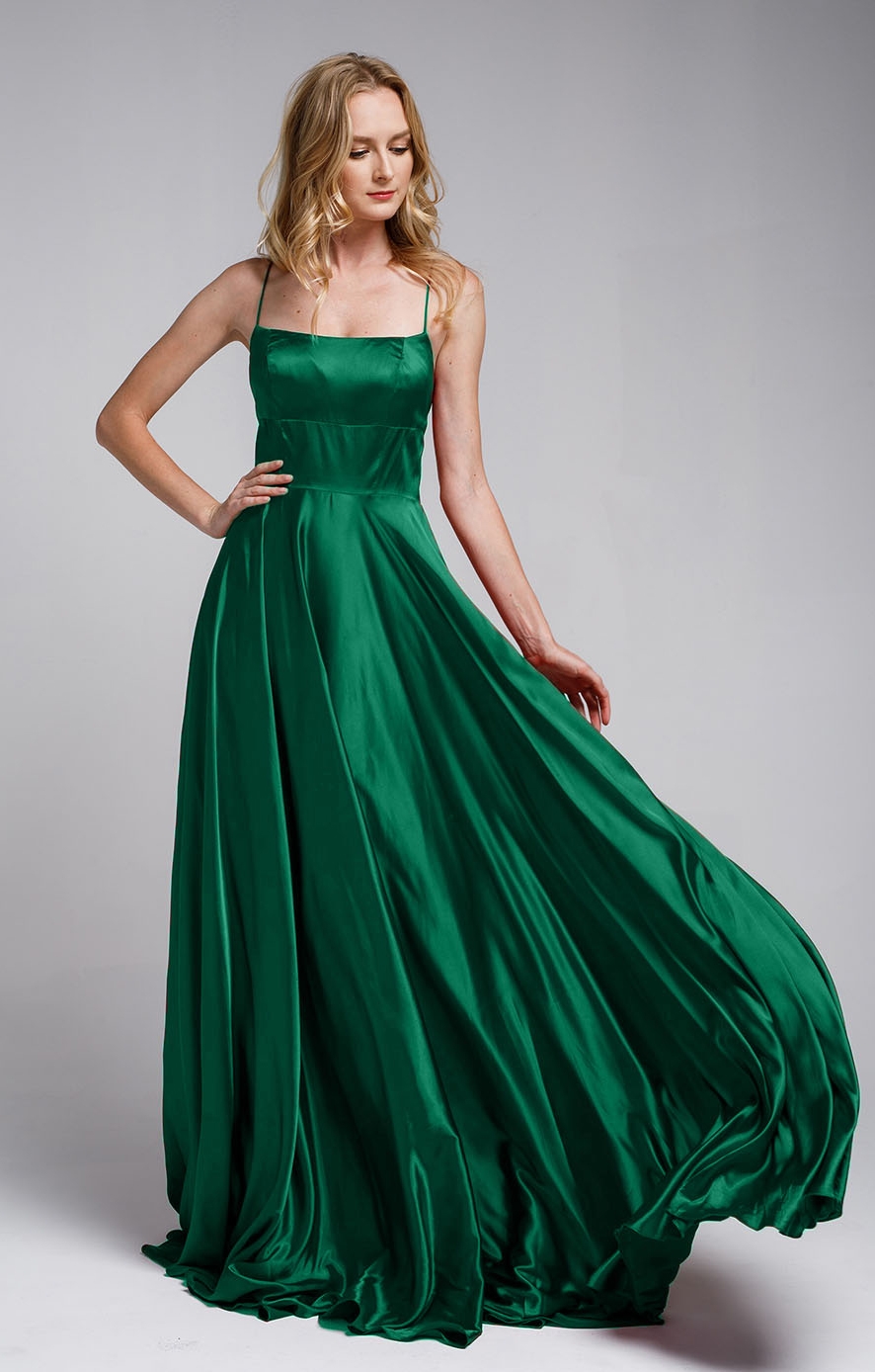 A-Line Spaghetti Prom Gown with Long Flowing Skirt — in Emerald Green