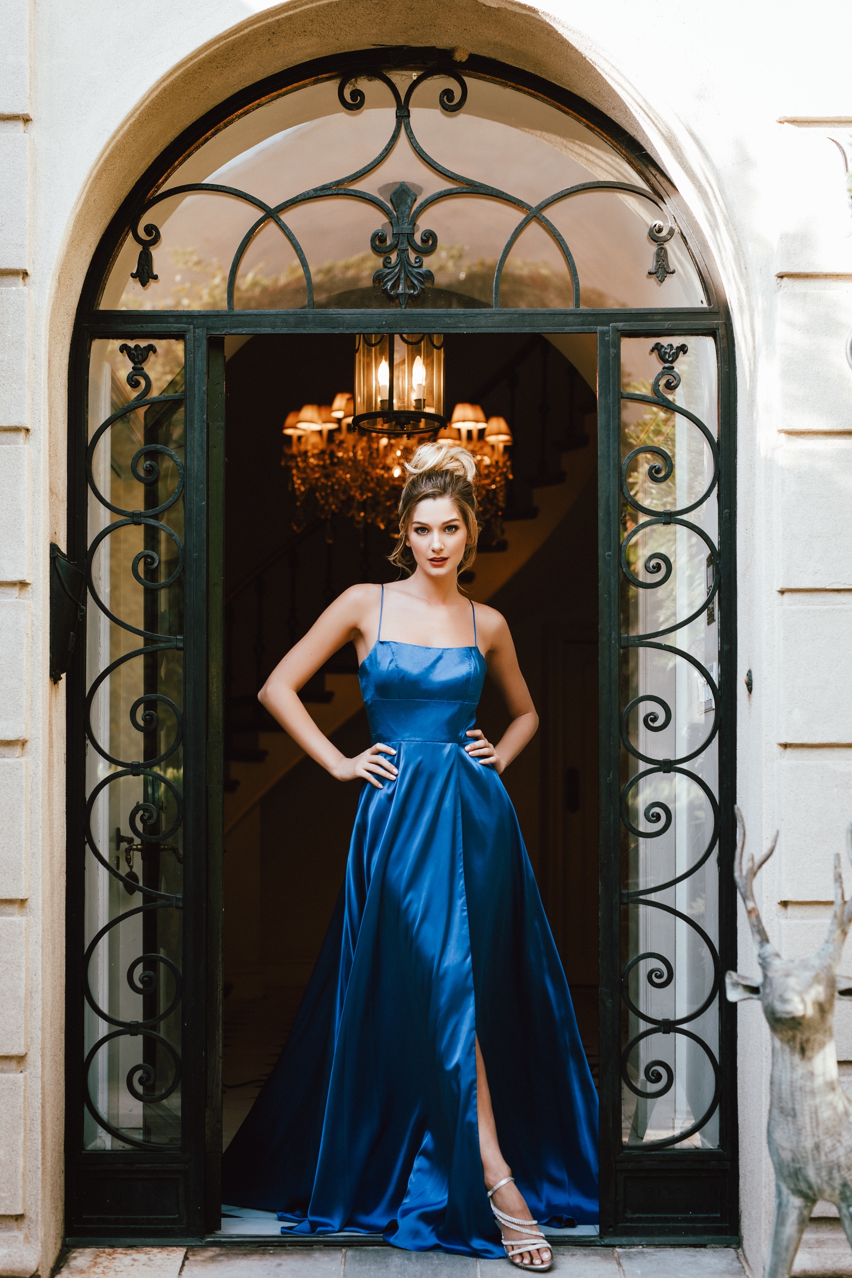 A-Line Spaghetti Prom Gown with Long Flowing Skirt — in Royal Blue