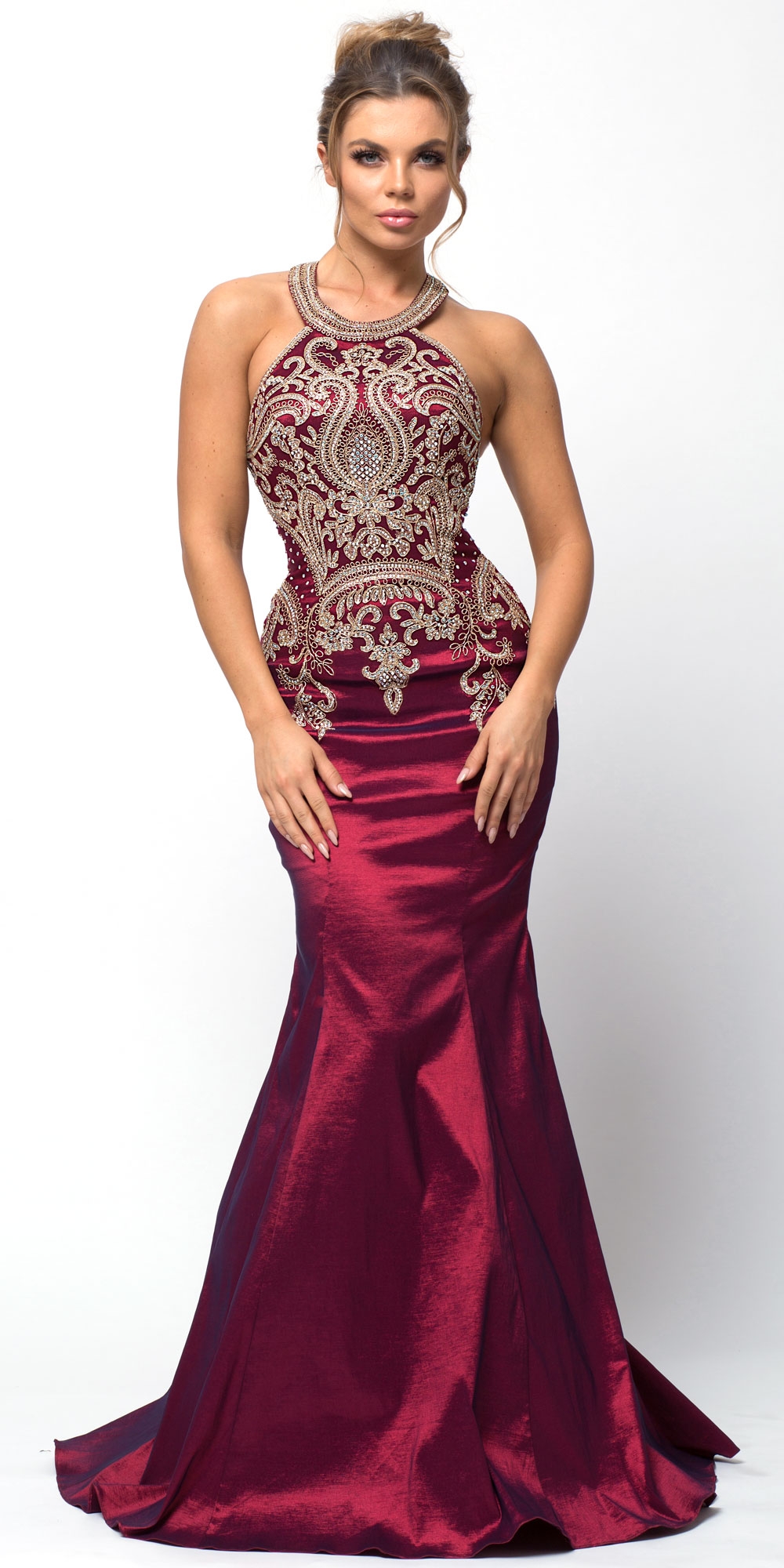 Embellished Bodice Round Neck Fit-n-Flare Long Prom Dress — in Burgundy