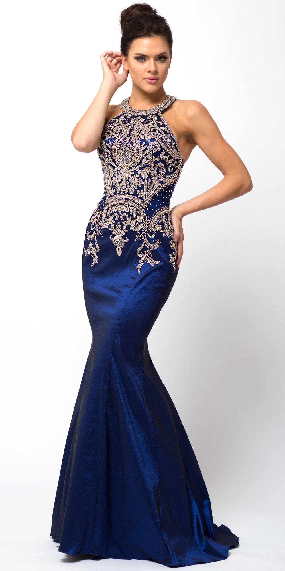 Embellished Bodice Round Neck Fit-n-Flare Long Prom Dress — in Navy