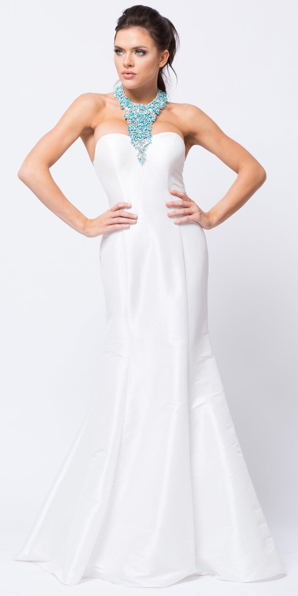 Bejeweled Halter Necklace Fit-n-Flare Long Prom Dress — in Off White