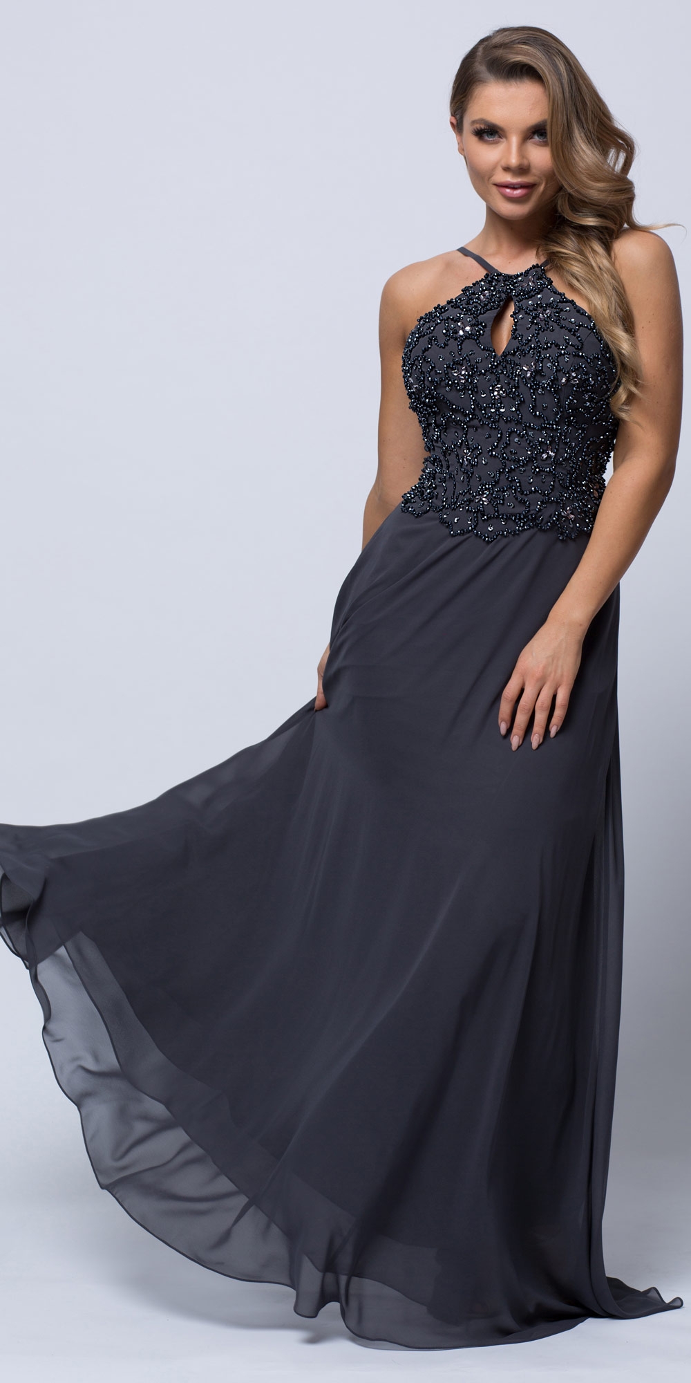 Beaded Halter Top Spaghetti Straps Long Formal Prom Dress