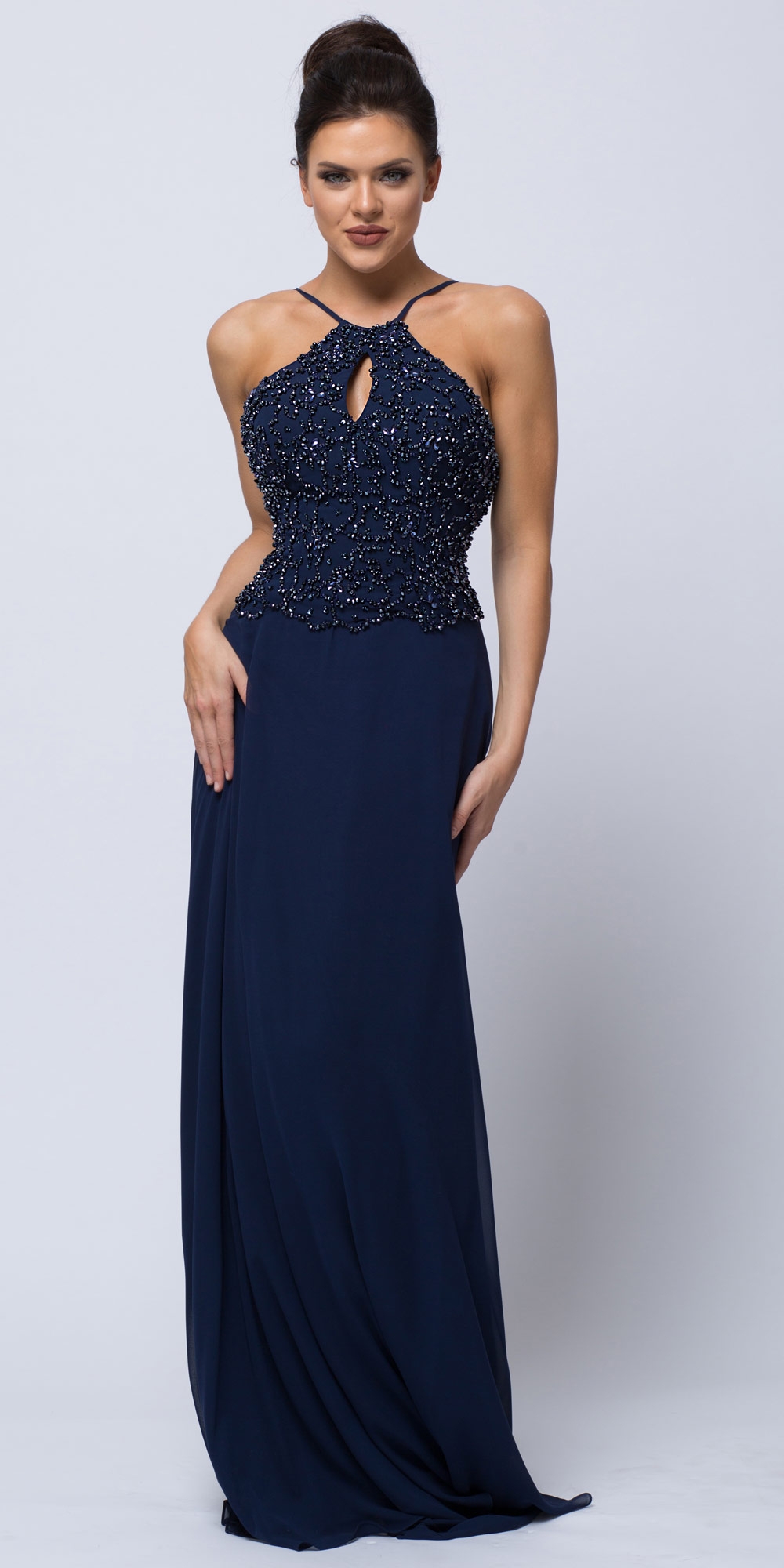 Beaded Halter Top Spaghetti Straps Long Formal Prom Dress — in Navy