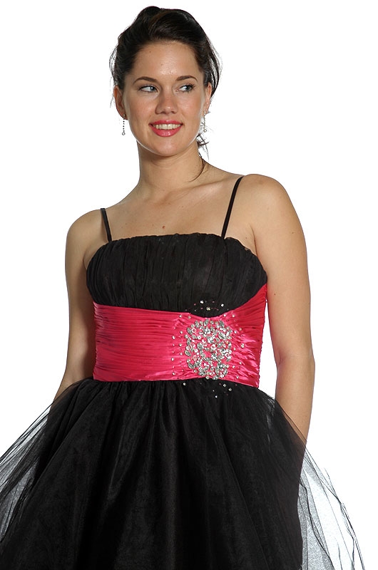 Halter & Shirred Party Dress with Embellished Waistline — in Black/Fuchsia alternative view