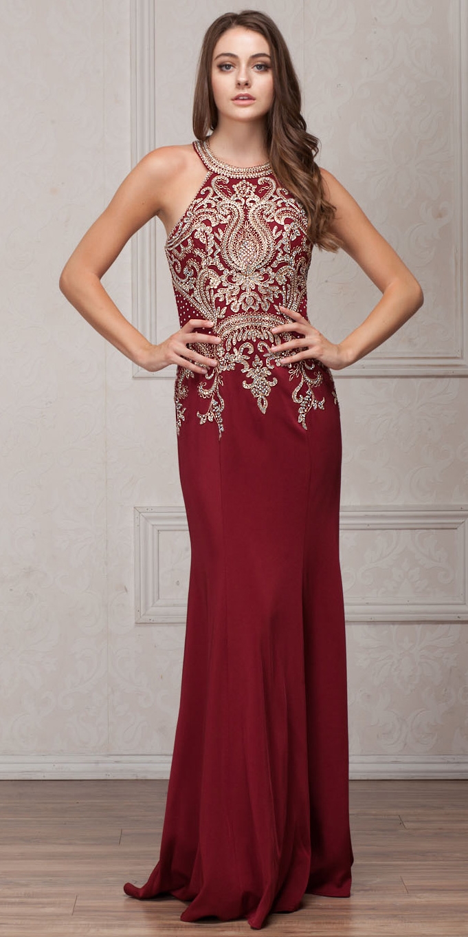Round Collar Neck Embellished Bodice Long Prom Pageant Dress — in Burgundy