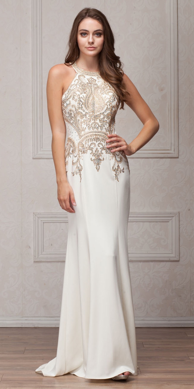 Round Collar Neck Embellished Bodice Long Prom Pageant Dress — in Off White