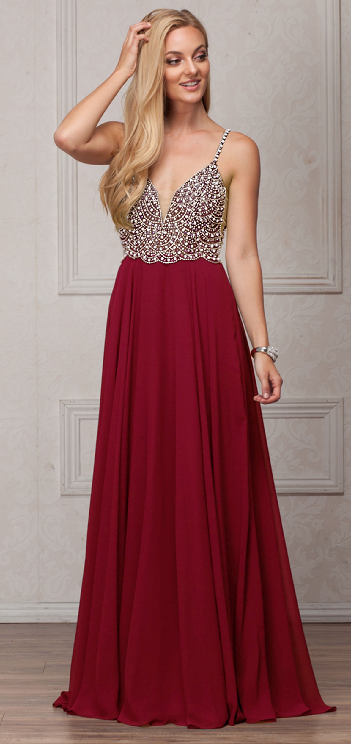 Bejeweled Bodice V-Neck Spaghetti Straps Formal Prom Dress — in Burgundy