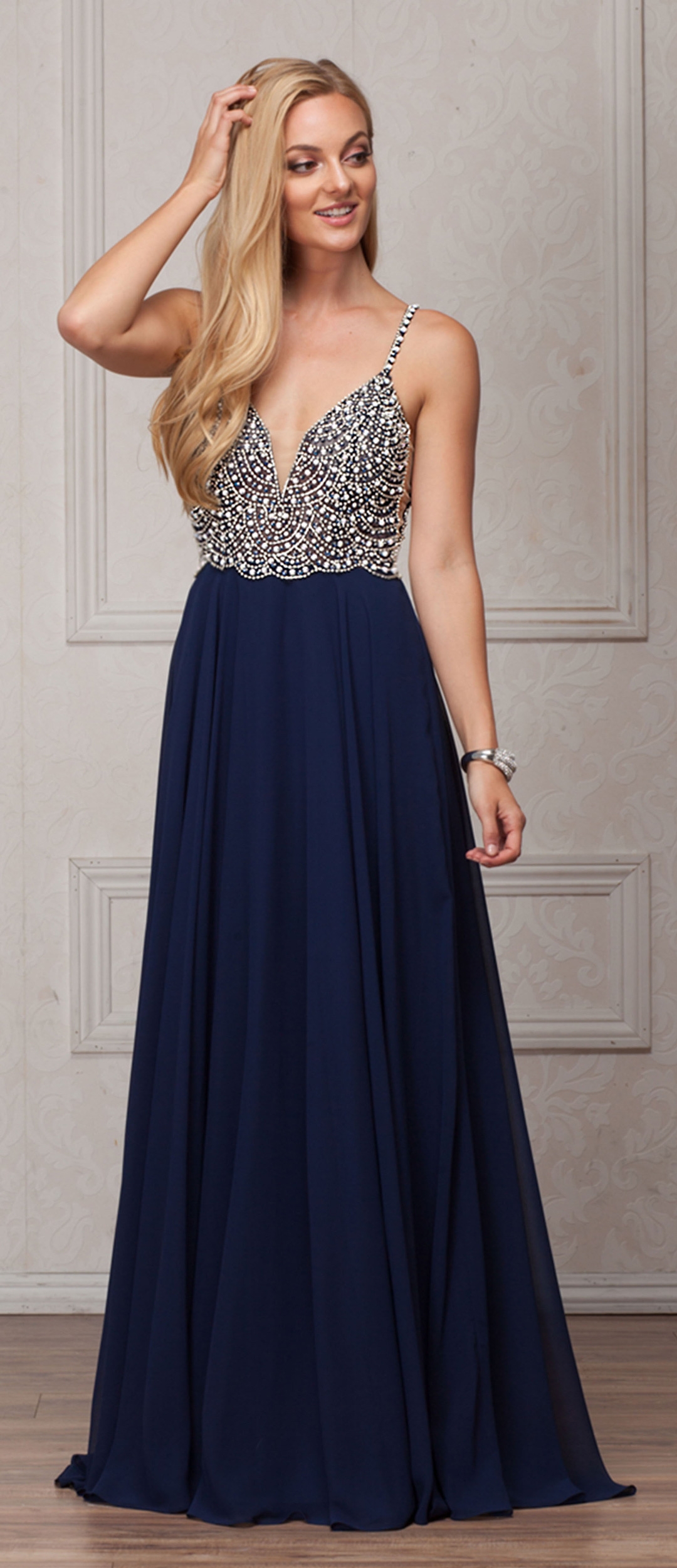 Bejeweled Bodice V-Neck Spaghetti Straps Formal Prom Dress — in Navy