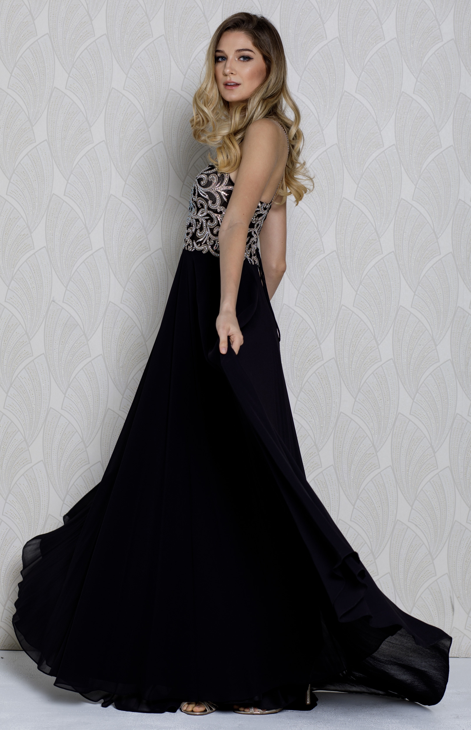 V-neck Beaded Lace Bodice Long Formal Prom Dress — in an alternative image